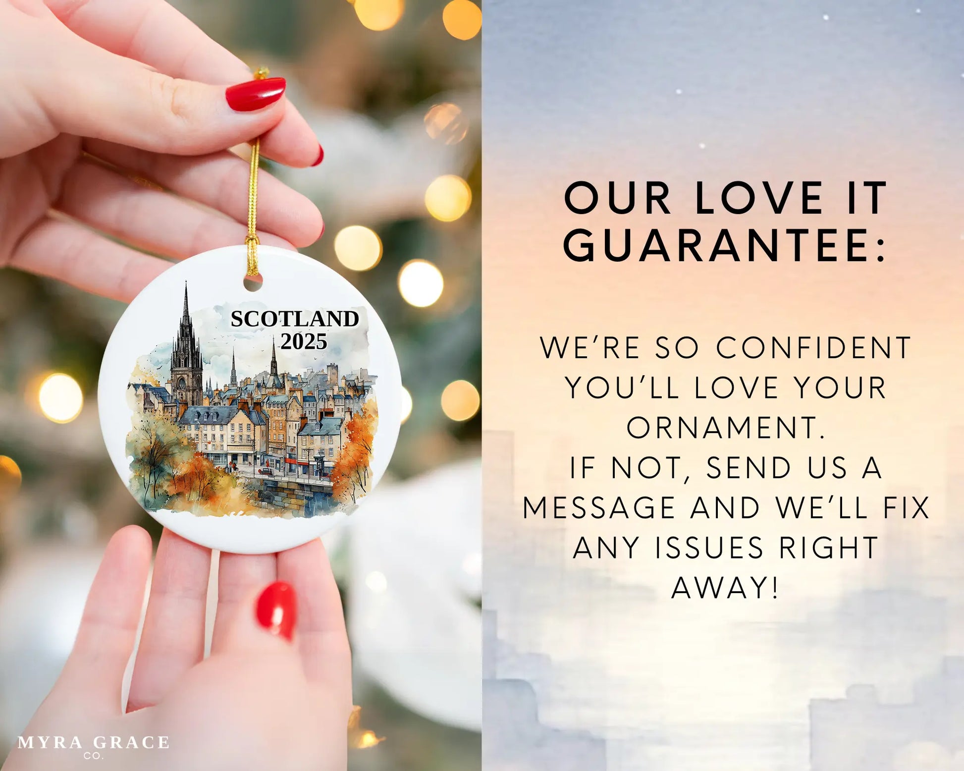 Custom Scotland Edinburgh ceramic photo ornament with personalized message – handmade Christmas bauble, gift souvenir, or vacation keepsake. Love it guarantee