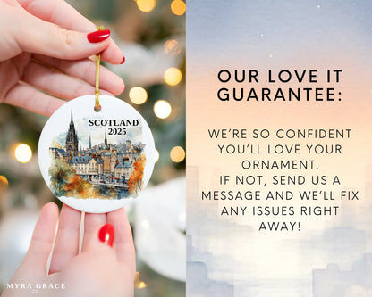 Custom Scotland Edinburgh ceramic photo ornament with personalized message – handmade Christmas bauble, gift souvenir, or vacation keepsake. Love it guarantee