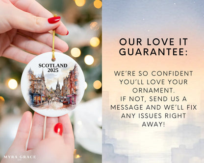 Custom Scotland ceramic photo ornament with personalized message – handmade Christmas bauble, gift souvenir, or vacation keepsake. Love it guarantee