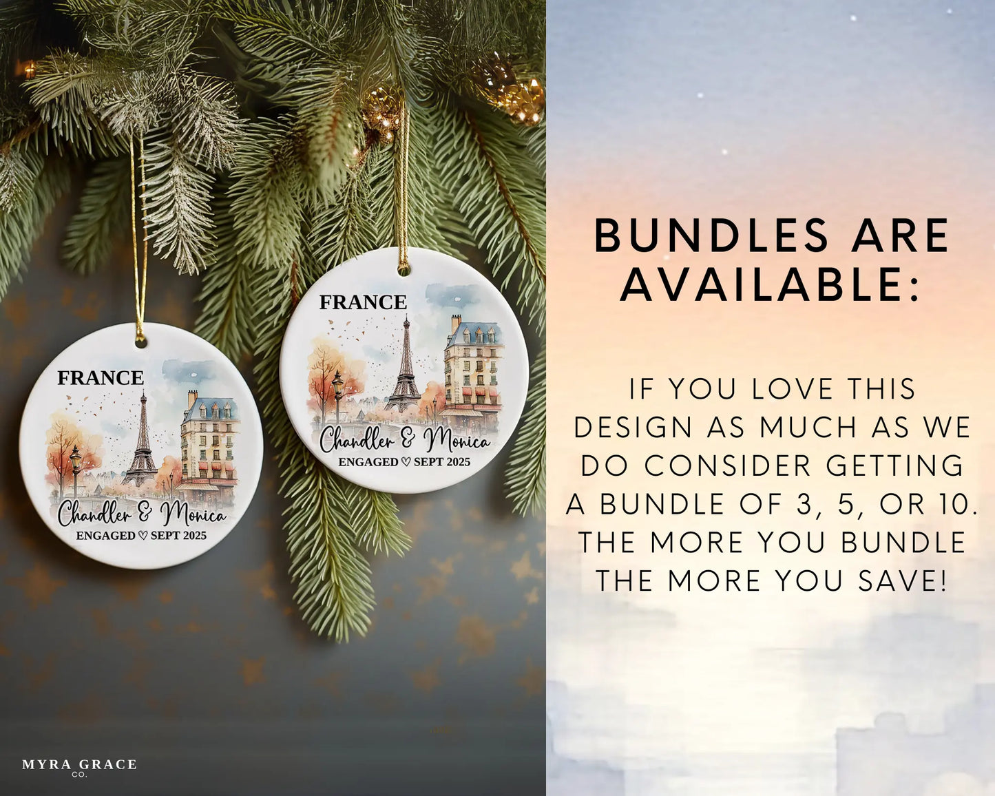 France Engagement Ornament Custom Gift Souvenir Bauble Present. Bundles are available