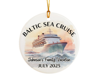 Handmade ceramic Baltic Sea Scandinavia cruise ornament with personalized location and photo – custom Christmas bauble or cruise vacation souvenir.