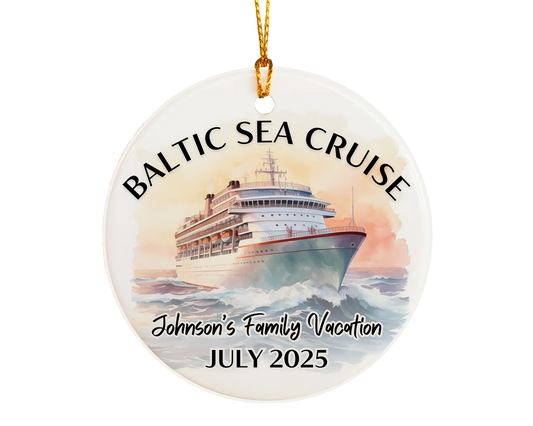 Handmade ceramic Baltic Sea Scandinavia cruise ornament with personalized location and photo – custom Christmas bauble or cruise vacation souvenir.