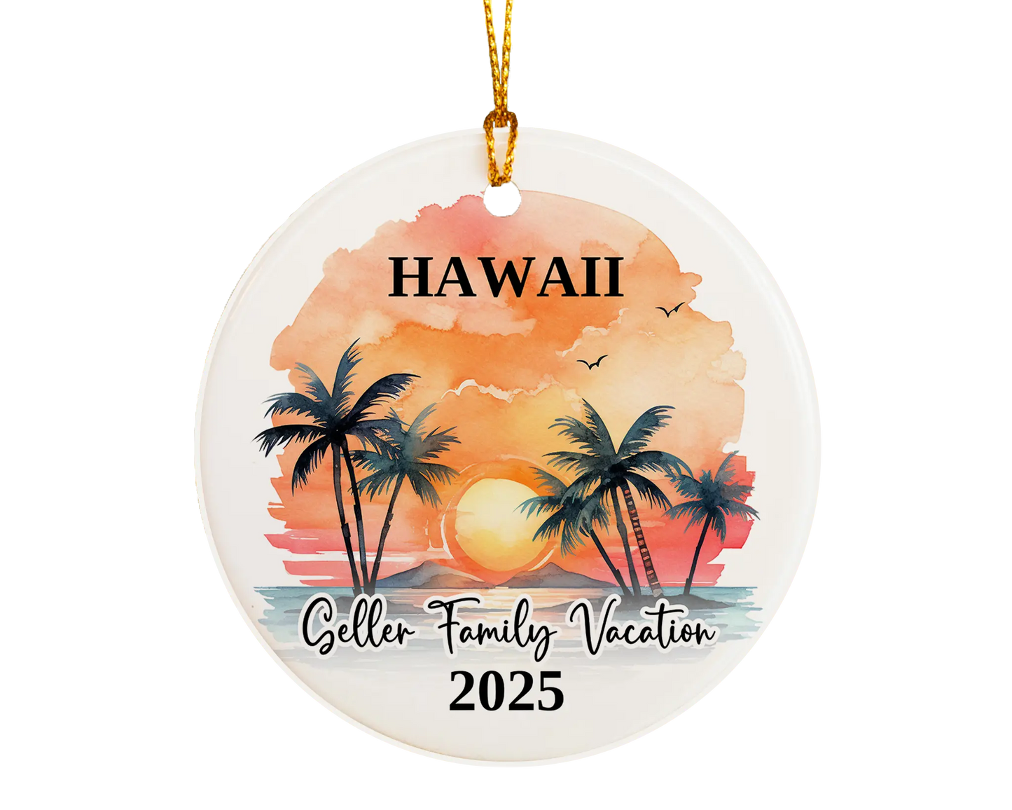 Custom vacation Hawaii ceramic photo ornament with personalized message – handmade Christmas bauble, gift souvenir, or vacation keepsake. 