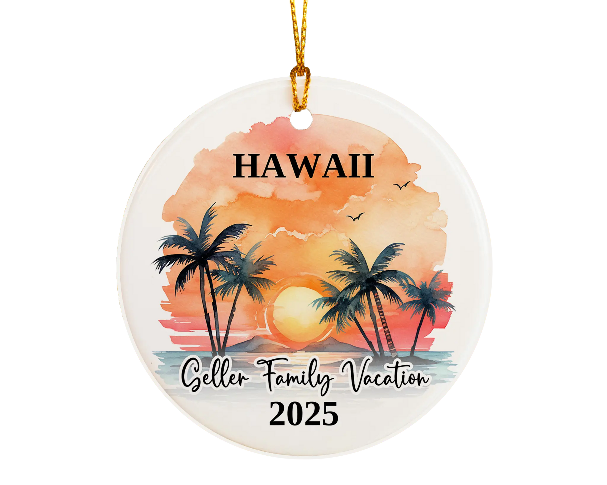 Custom vacation Hawaii ceramic photo ornament with personalized message – handmade Christmas bauble, gift souvenir, or vacation keepsake. 