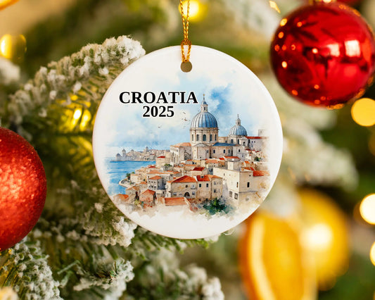 Custom Croatia ceramic photo ornament with personalized message – handmade Christmas bauble, gift souvenir, or vacation keepsake.  