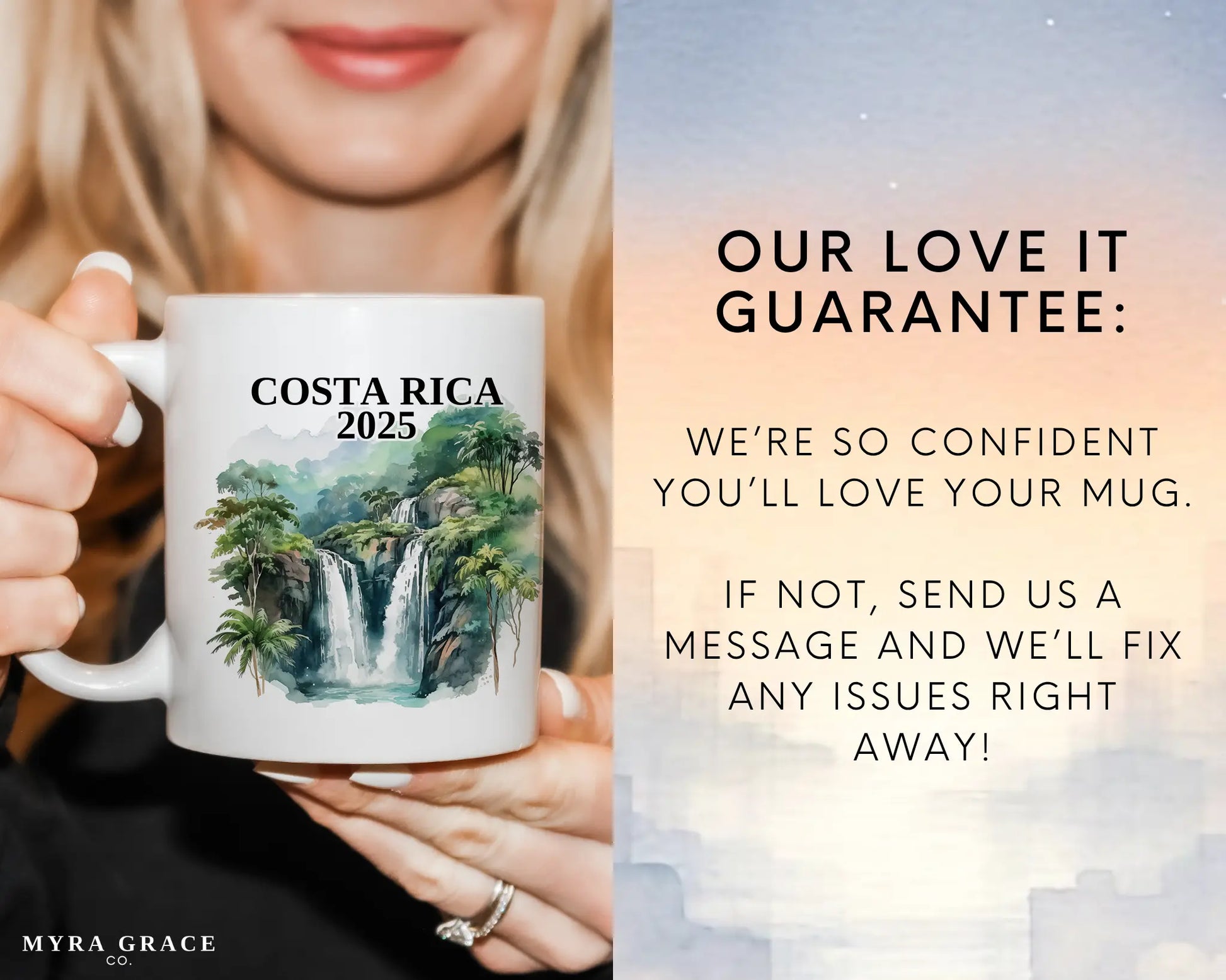 Custom ceramic Costa Rica vacation mug with watercolor location design, date, and personal photo – personalized travel gift or photo mug. Love it guarantee
