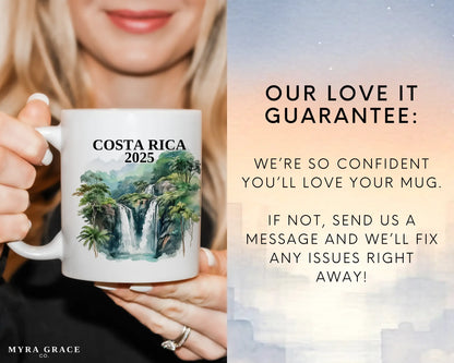 Custom ceramic Costa Rica vacation mug with watercolor location design, date, and personal photo – personalized travel gift or photo mug. Love it guarantee