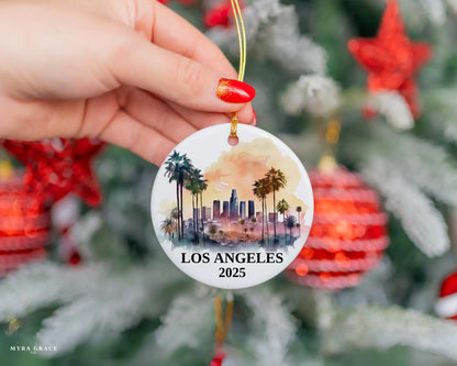 Custom Los Angeles California ceramic photo ornament with personalized message – handmade Christmas bauble, gift souvenir, or vacation keepsake.  