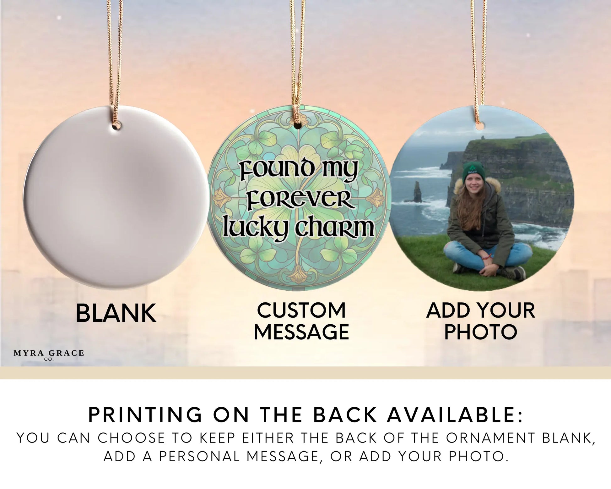 Ceramic ornament with shamrocks and clovers – non-customizable lucky charm gift or seasonal keepsake. Add your photo