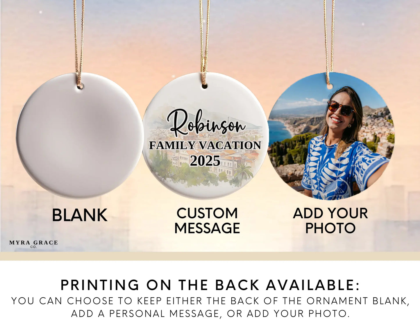 Sicily Italy Ornament Custom Gift Souvenir Bauble. Custom Sicily Italy ceramic photo ornament with personalized message – handmade Christmas bauble, gift souvenir, or vacation keepsake.  Add your photo. Photo ornament