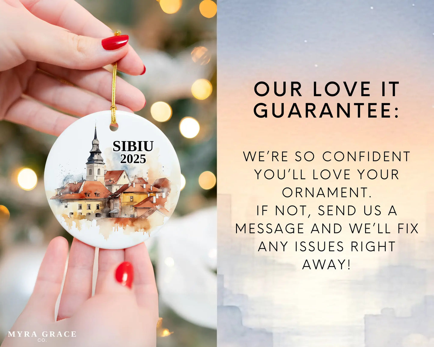 Custom Sibiu Romania ceramic photo ornament with personalized message – handmade Christmas bauble, gift souvenir, or vacation keepsake. Love it guarantee