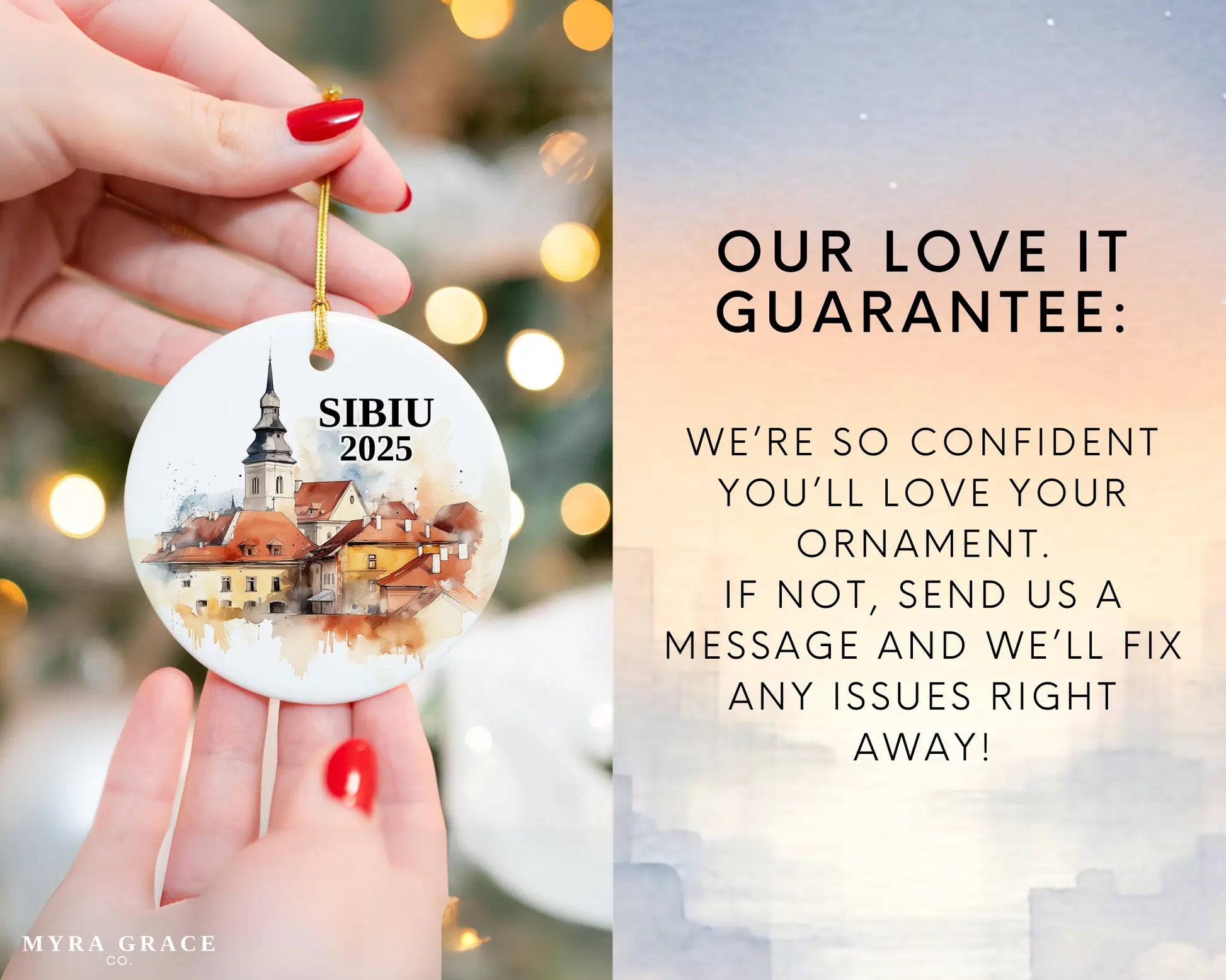 Custom Sibiu Romania ceramic photo ornament with personalized message – handmade Christmas bauble, gift souvenir, or vacation keepsake. Love it guarantee