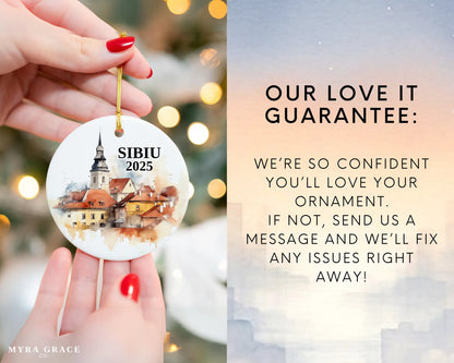 Custom Sibiu Romania ceramic photo ornament with personalized message – handmade Christmas bauble, gift souvenir, or vacation keepsake. Love it guarantee
