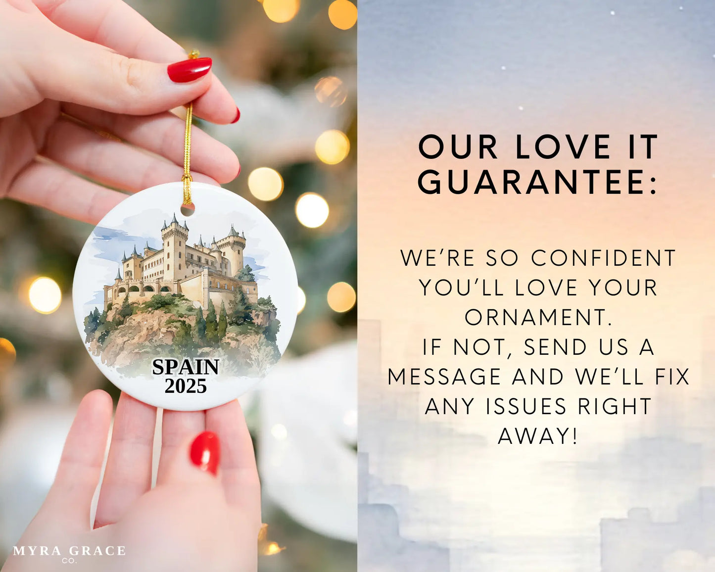 Custom Spain ceramic photo ornament with personalized message – handmade Christmas bauble, gift souvenir, or vacation keepsake. Love it guarantee