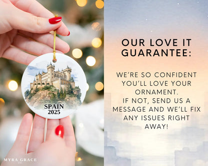 Custom Spain ceramic photo ornament with personalized message – handmade Christmas bauble, gift souvenir, or vacation keepsake. Love it guarantee