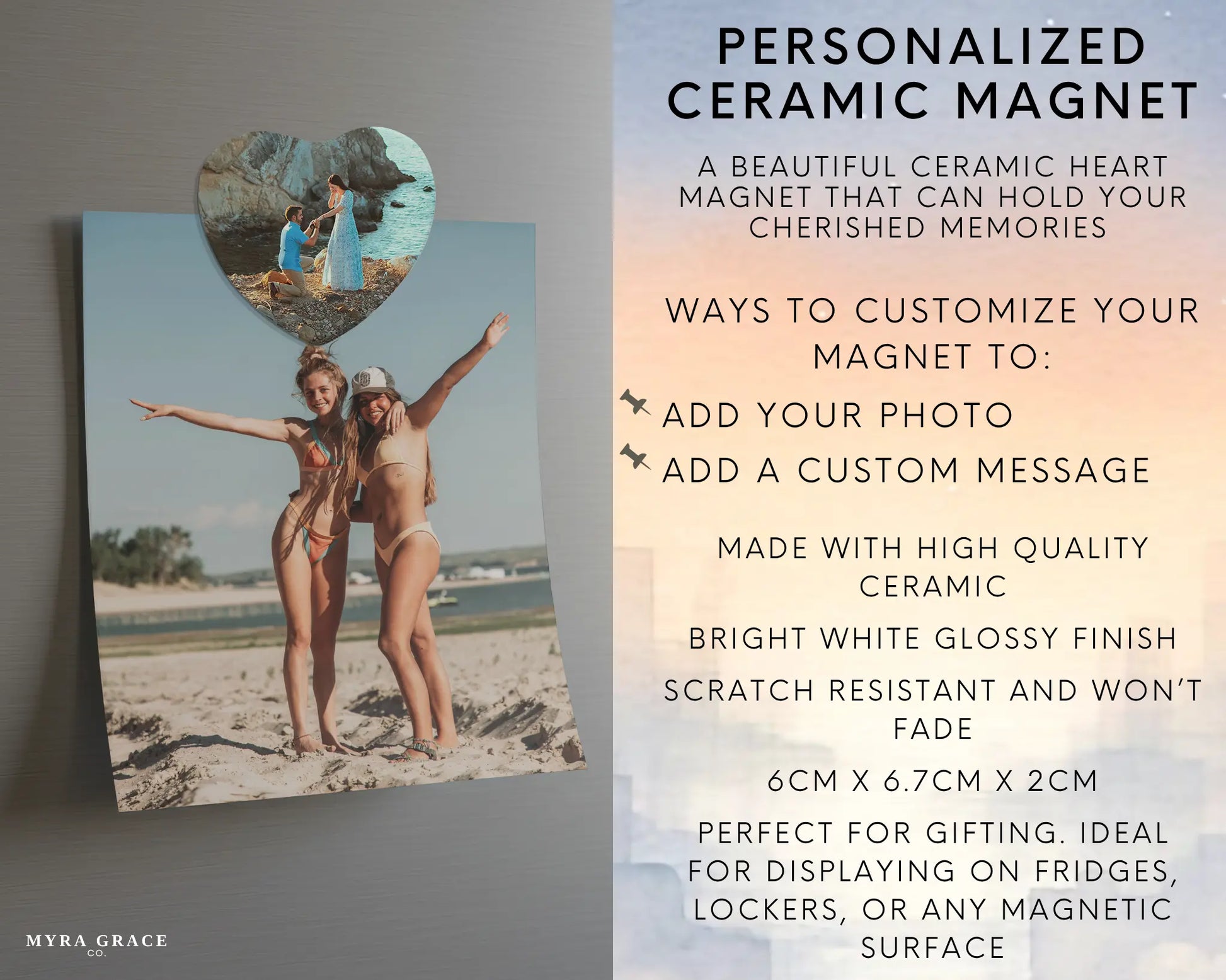 Heart-shaped custom engagement ceramic photo magnet on fridge – handmade personalized gift or Christmas fridge magnet. Infographic