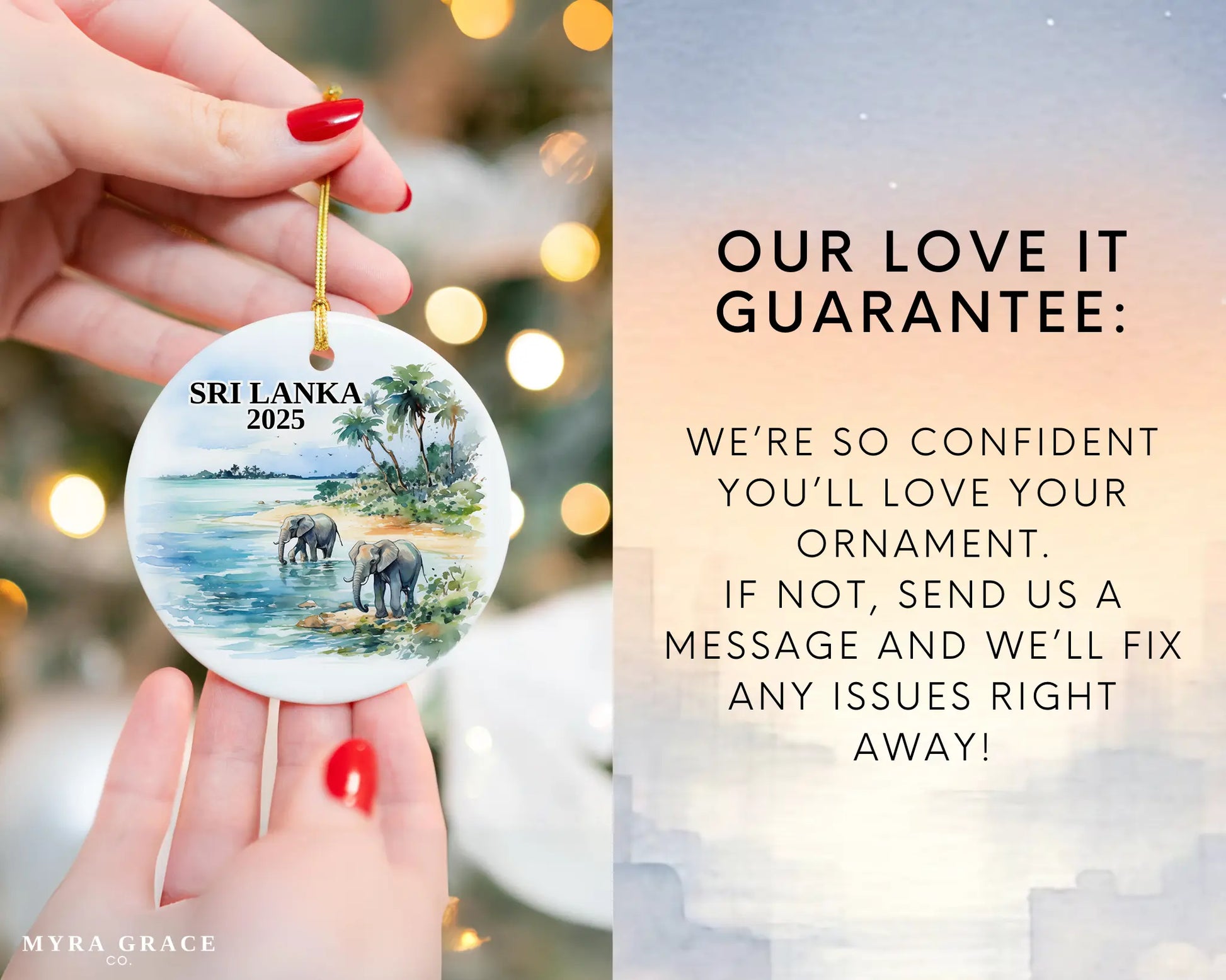 Custom Sri Lanka ceramic photo ornament with personalized message – handmade Christmas bauble, gift souvenir, or vacation keepsake. Love it guarantee
