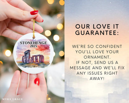 Custom Stonehenge ceramic photo ornament with personalized message – handmade Christmas bauble, gift souvenir, or vacation keepsake. Love it guarantee