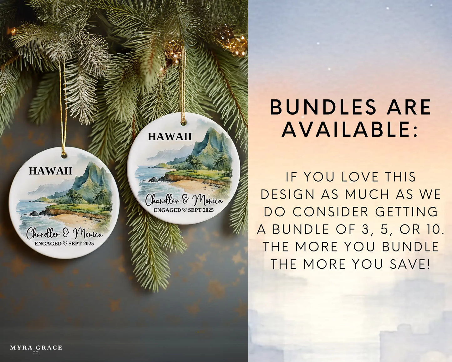 Hawaii Engagement Ornament Custom Gift Souvenir Bauble Present. Bundles are available