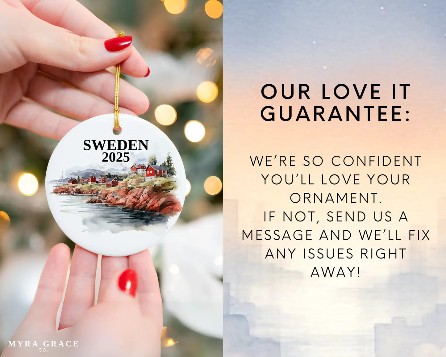 Custom Sweden ceramic photo ornament with personalized message – handmade Christmas bauble, gift souvenir, or vacation keepsake. 