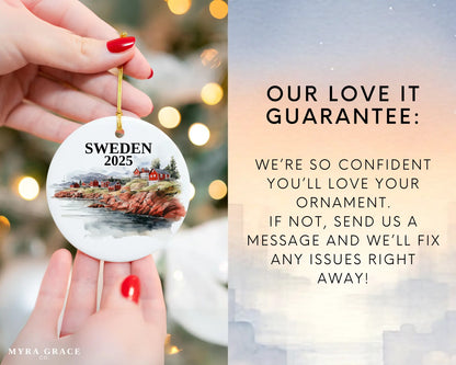 Custom Sweden ceramic photo ornament with personalized message – handmade Christmas bauble, gift souvenir, or vacation keepsake. 