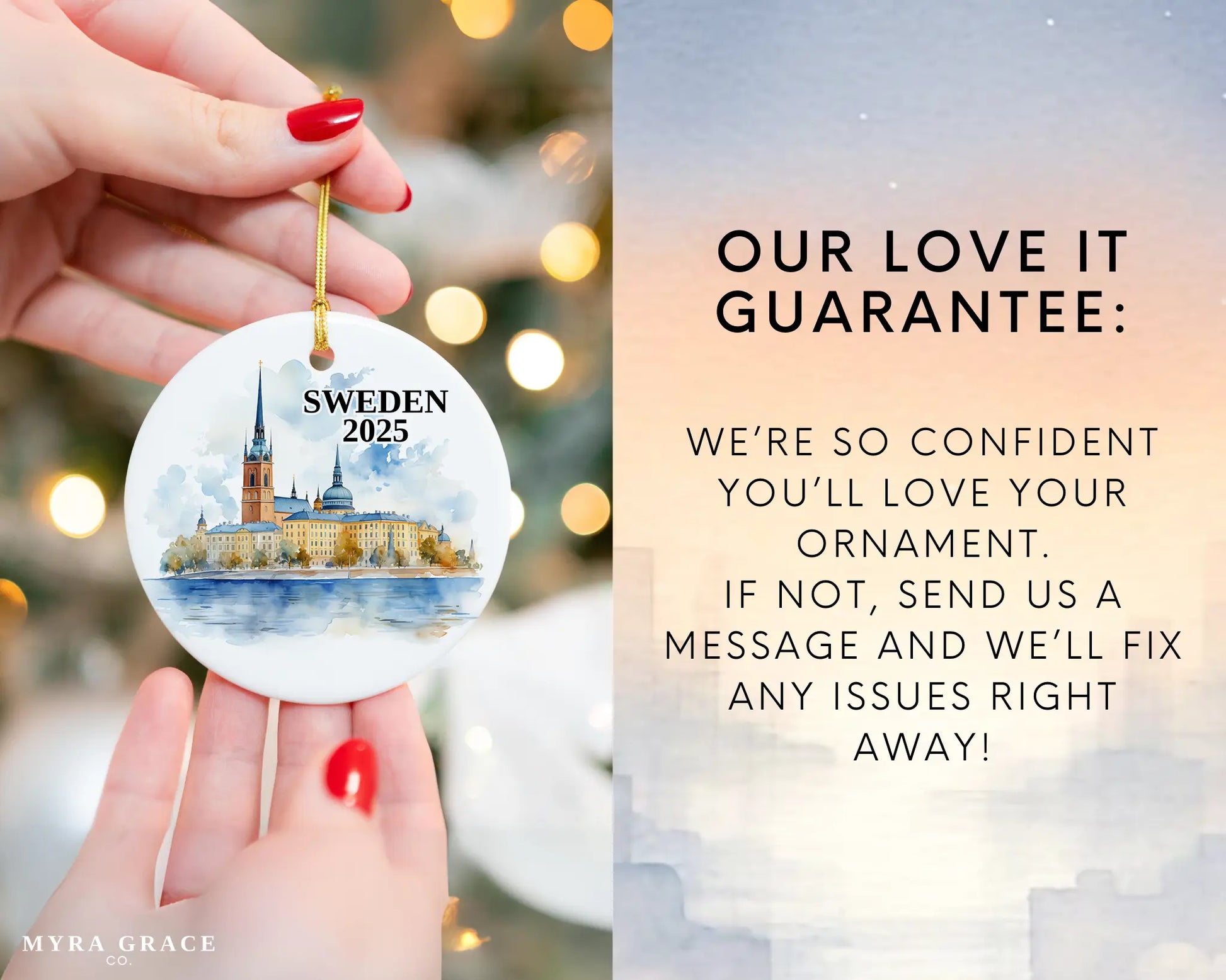 Custom Sweden ceramic photo ornament with personalized message – handmade Christmas bauble, gift souvenir, or vacation keepsake. Love it guarantee