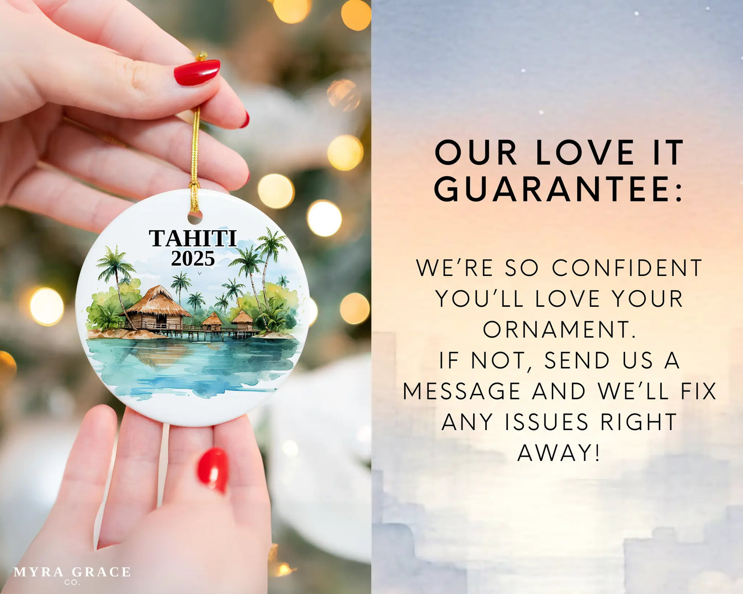 Custom Tahiti ceramic photo ornament with personalized message – handmade Christmas bauble, gift souvenir, or vacation keepsake. Love it guarantee