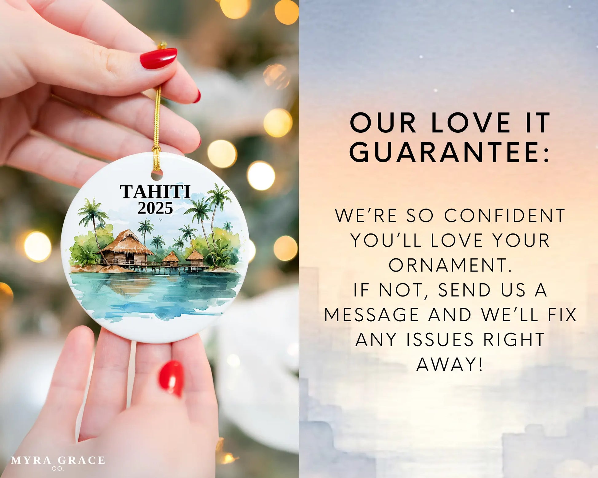 Custom Tahiti ceramic photo ornament with personalized message – handmade Christmas bauble, gift souvenir, or vacation keepsake. Love it guarantee