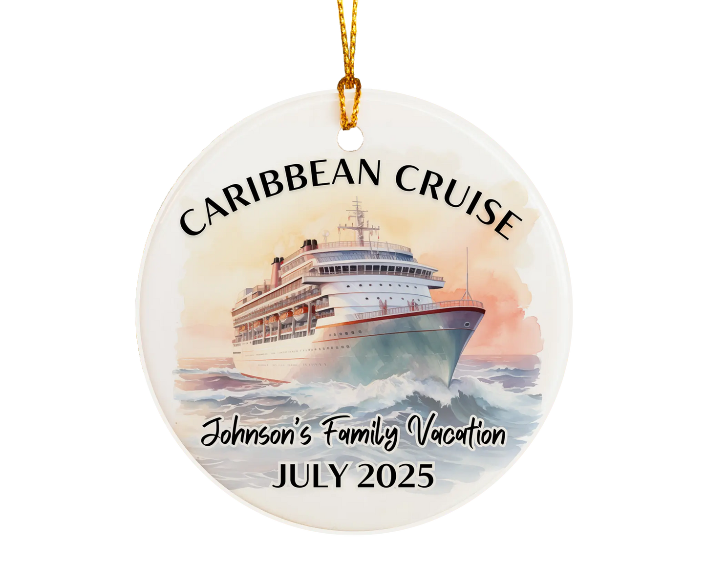 Handmade ceramic Caribbean cruise ornament with personalized location and photo – custom Christmas bauble or cruise vacation souvenir.