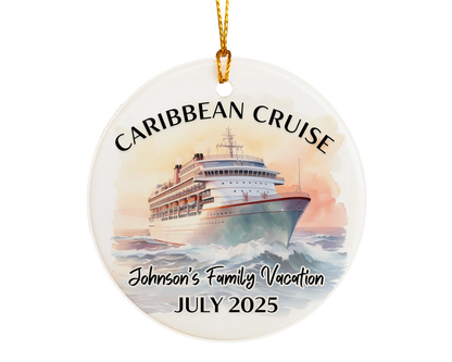 Handmade ceramic Caribbean cruise ornament with personalized location and photo – custom Christmas bauble or cruise vacation souvenir.