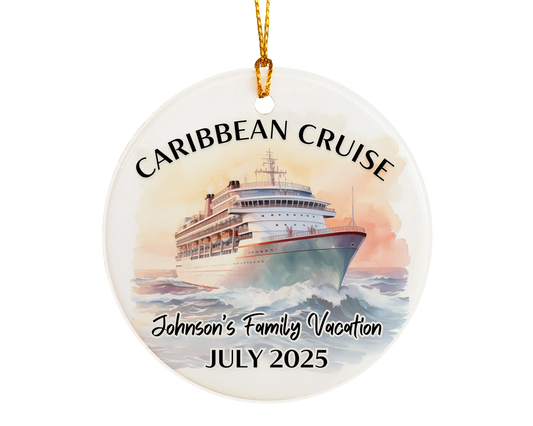 Handmade ceramic Caribbean cruise ornament with personalized location and photo – custom Christmas bauble or cruise vacation souvenir.