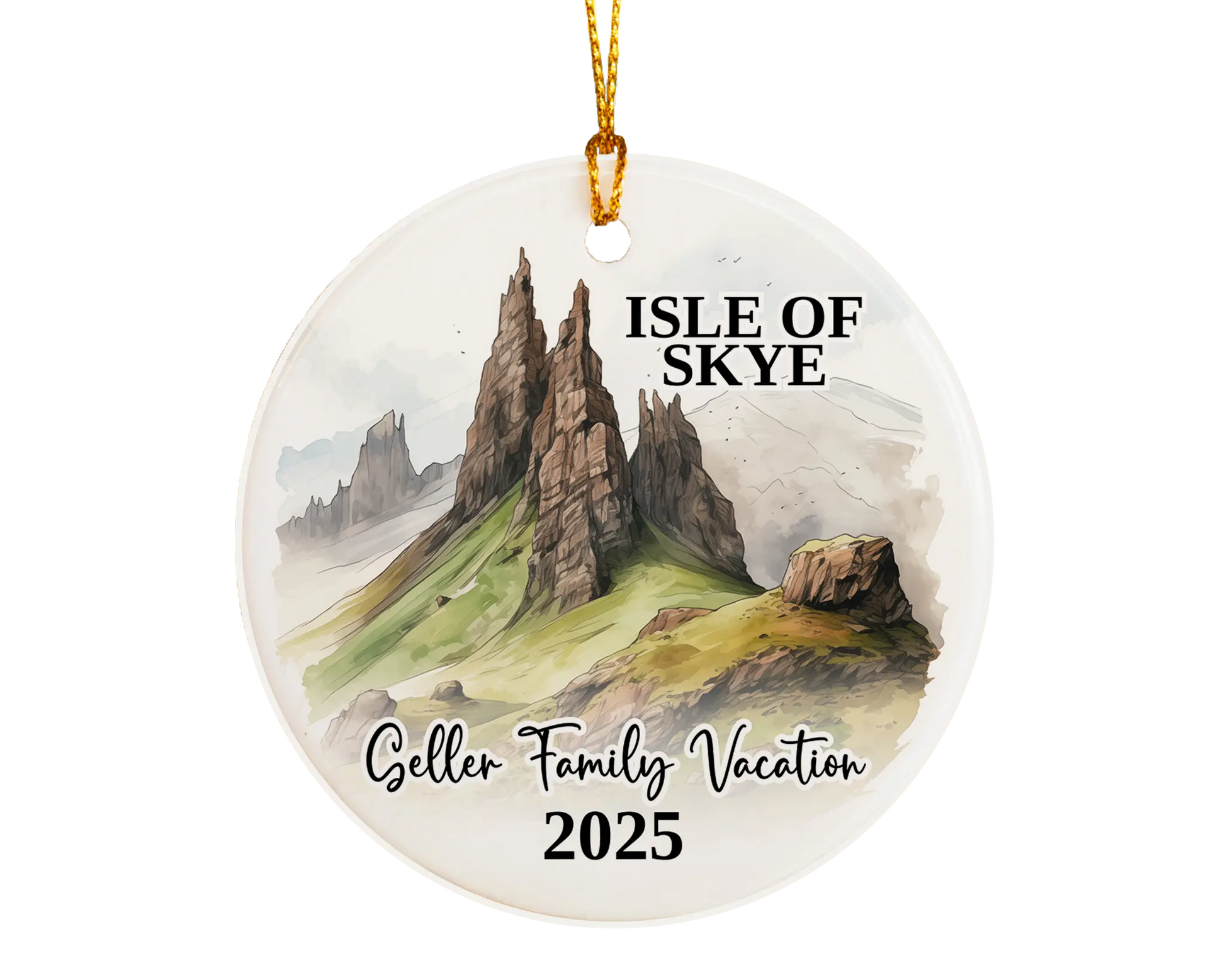 Custom vacation Isle of Skye Scotland ceramic photo ornament with personalized message – handmade Christmas bauble, gift souvenir, or vacation keepsake. 