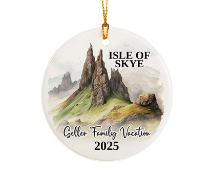 Custom vacation Isle of Skye Scotland ceramic photo ornament with personalized message – handmade Christmas bauble, gift souvenir, or vacation keepsake. 