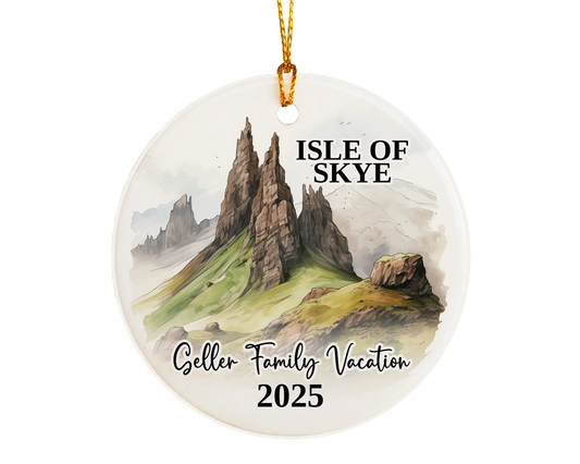 Custom vacation Isle of Skye Scotland ceramic photo ornament with personalized message – handmade Christmas bauble, gift souvenir, or vacation keepsake. 