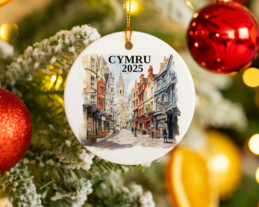 Custom Cymru Wales ceramic photo ornament with personalized message – handmade Christmas bauble, gift souvenir, or vacation keepsake.  