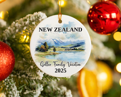Custom vacation New Zealand ceramic photo ornament with personalized message – handmade Christmas bauble, gift souvenir, or vacation keepsake. 