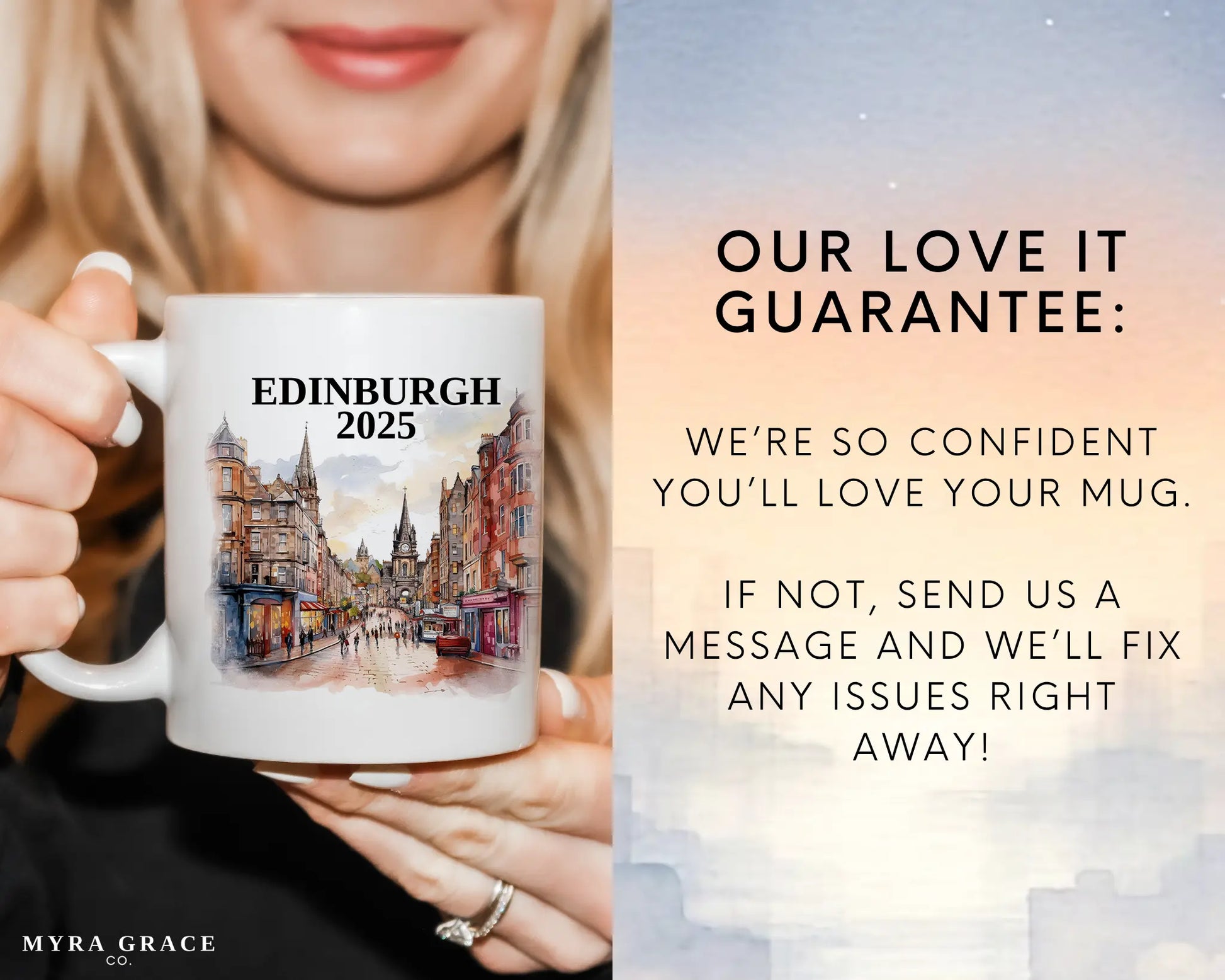 Custom ceramic Edinburgh Scotland vacation mug with watercolor location design, date, and personal photo – personalized travel gift or photo mug. Love it guarantee