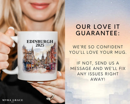 Custom ceramic Edinburgh Scotland vacation mug with watercolor location design, date, and personal photo – personalized travel gift or photo mug. Love it guarantee