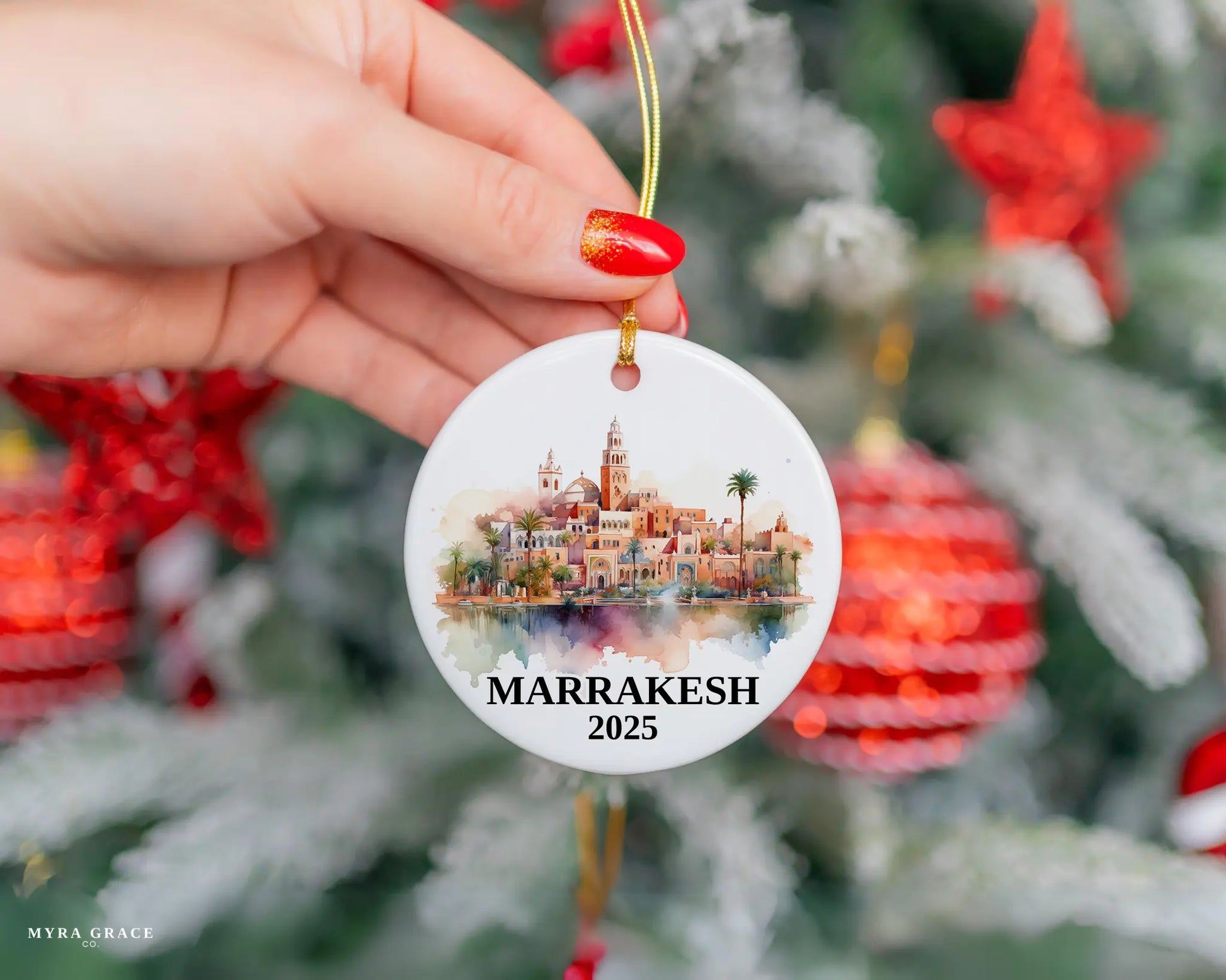 Custom Marrakesh Morocco ceramic photo ornament with personalized message – handmade Christmas bauble, gift souvenir, or vacation keepsake.  