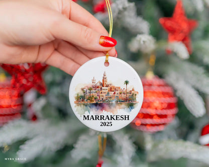Custom Marrakesh Morocco ceramic photo ornament with personalized message – handmade Christmas bauble, gift souvenir, or vacation keepsake.  