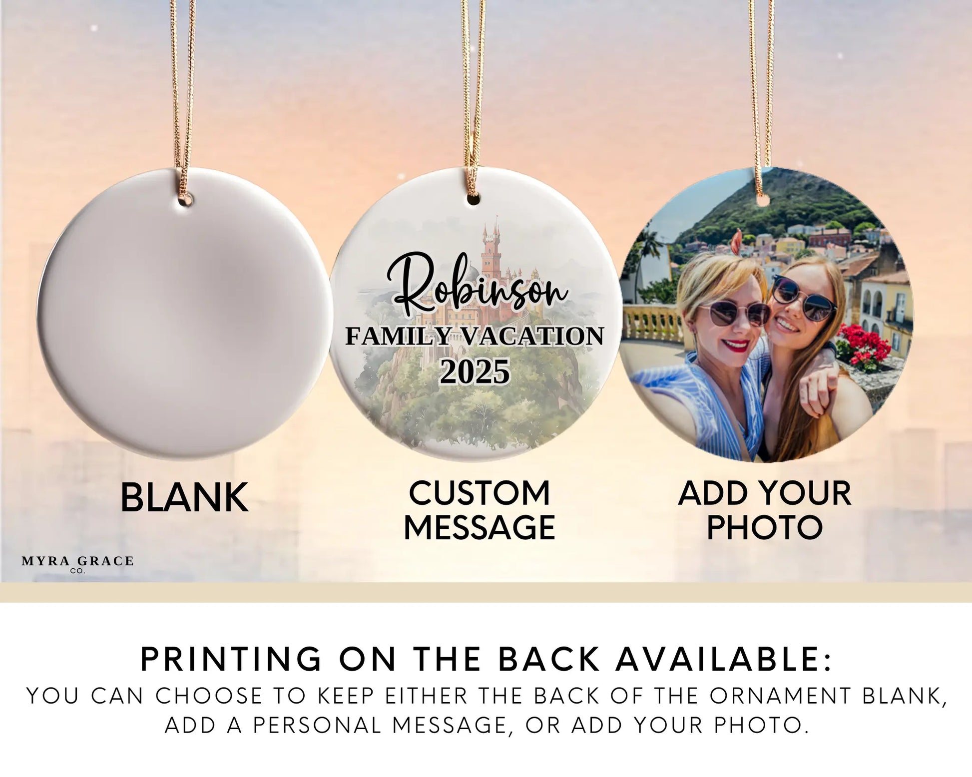 Sintra Portugal Ornament Custom Gift Souvenir Bauble. Custom Sintra Portugal ceramic photo ornament with personalized message – handmade Christmas bauble, gift souvenir, or vacation keepsake.  Add your photo. Photo ornament