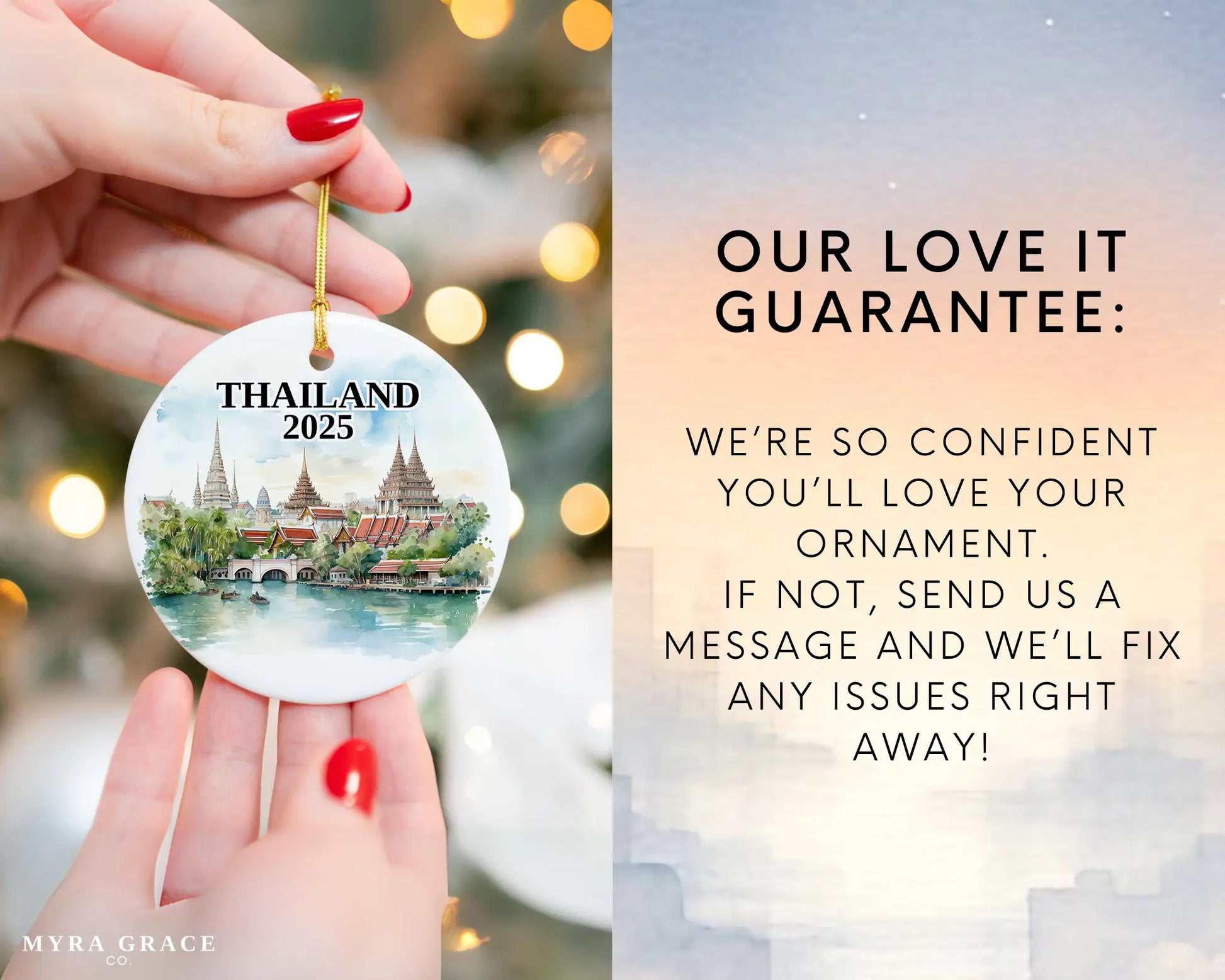 Custom Thailand ceramic photo ornament with personalized message – handmade Christmas bauble, gift souvenir, or vacation keepsake. Love it guarantee
