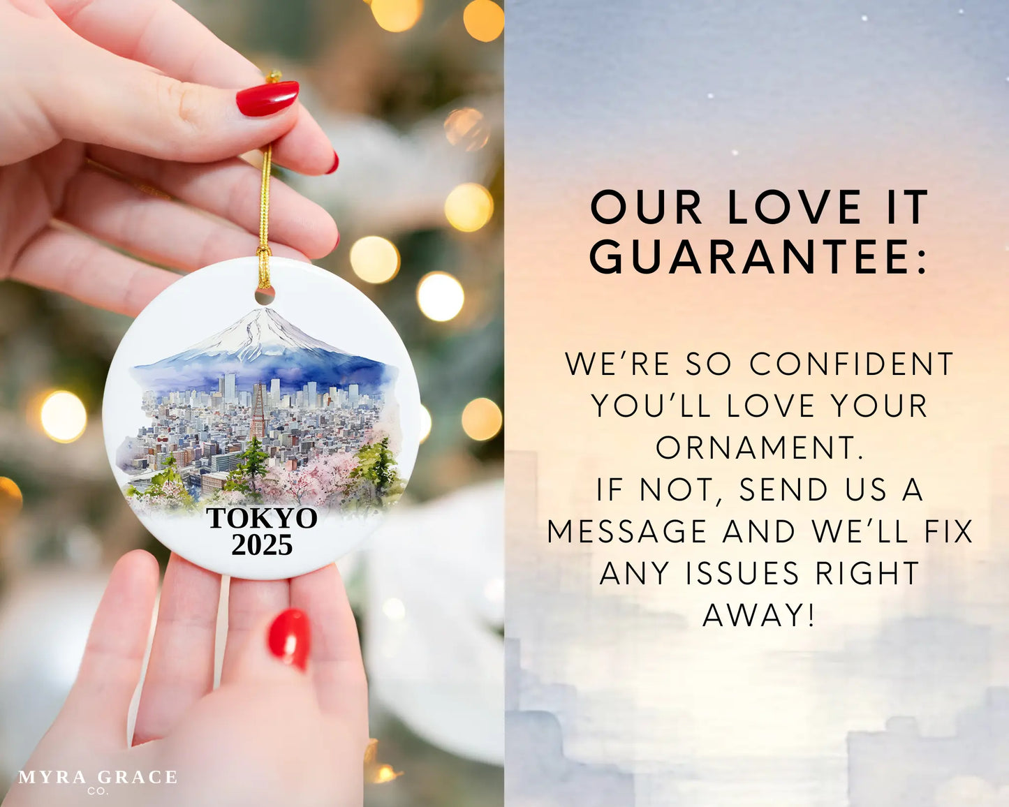Custom Tokyo Japan ceramic photo ornament with personalized message – handmade Christmas bauble, gift souvenir, or vacation keepsake. Love it guarantee