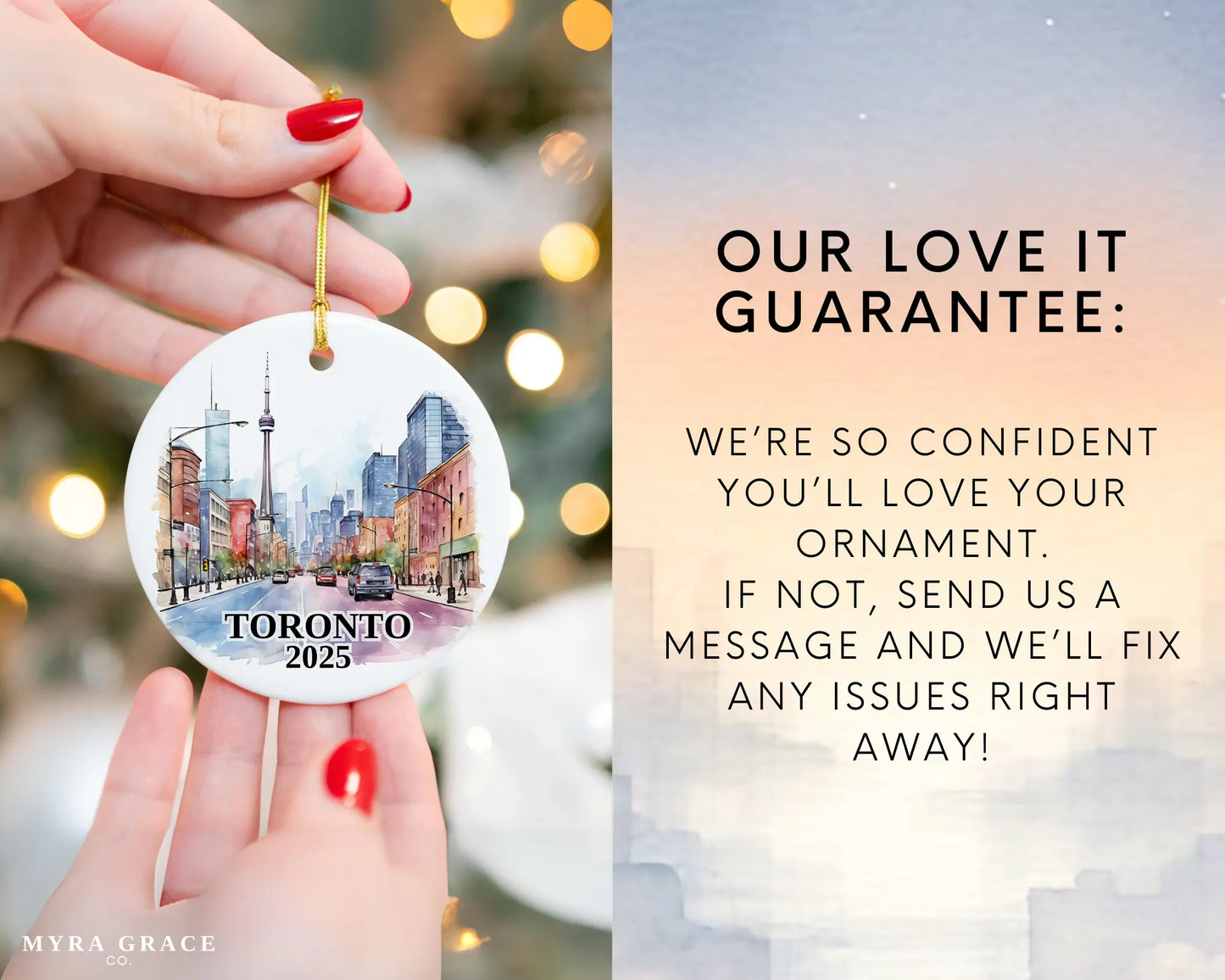 Custom Toronto Canada ceramic photo ornament with personalized message – handmade Christmas bauble, gift souvenir, or vacation keepsake. Love it guarantee