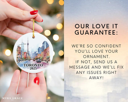 Custom Toronto Canada ceramic photo ornament with personalized message – handmade Christmas bauble, gift souvenir, or vacation keepsake. Love it guarantee