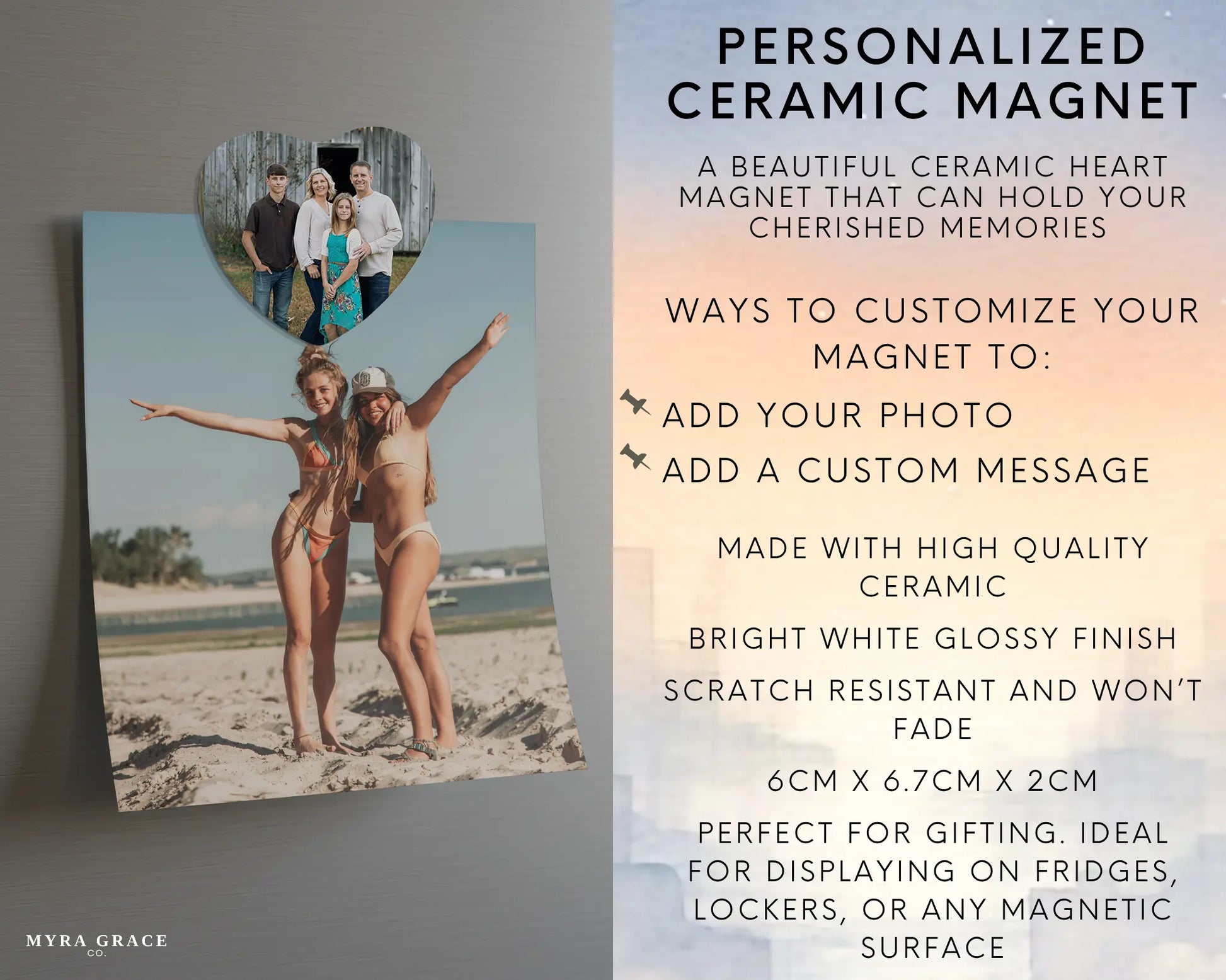 Heart-shaped custom family ceramic photo magnet on fridge – handmade personalized gift or Christmas fridge magnet. Infographic