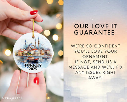 Custom Turkey ceramic photo ornament with personalized message – handmade Christmas bauble, gift souvenir, or vacation keepsake. Love it guarantee