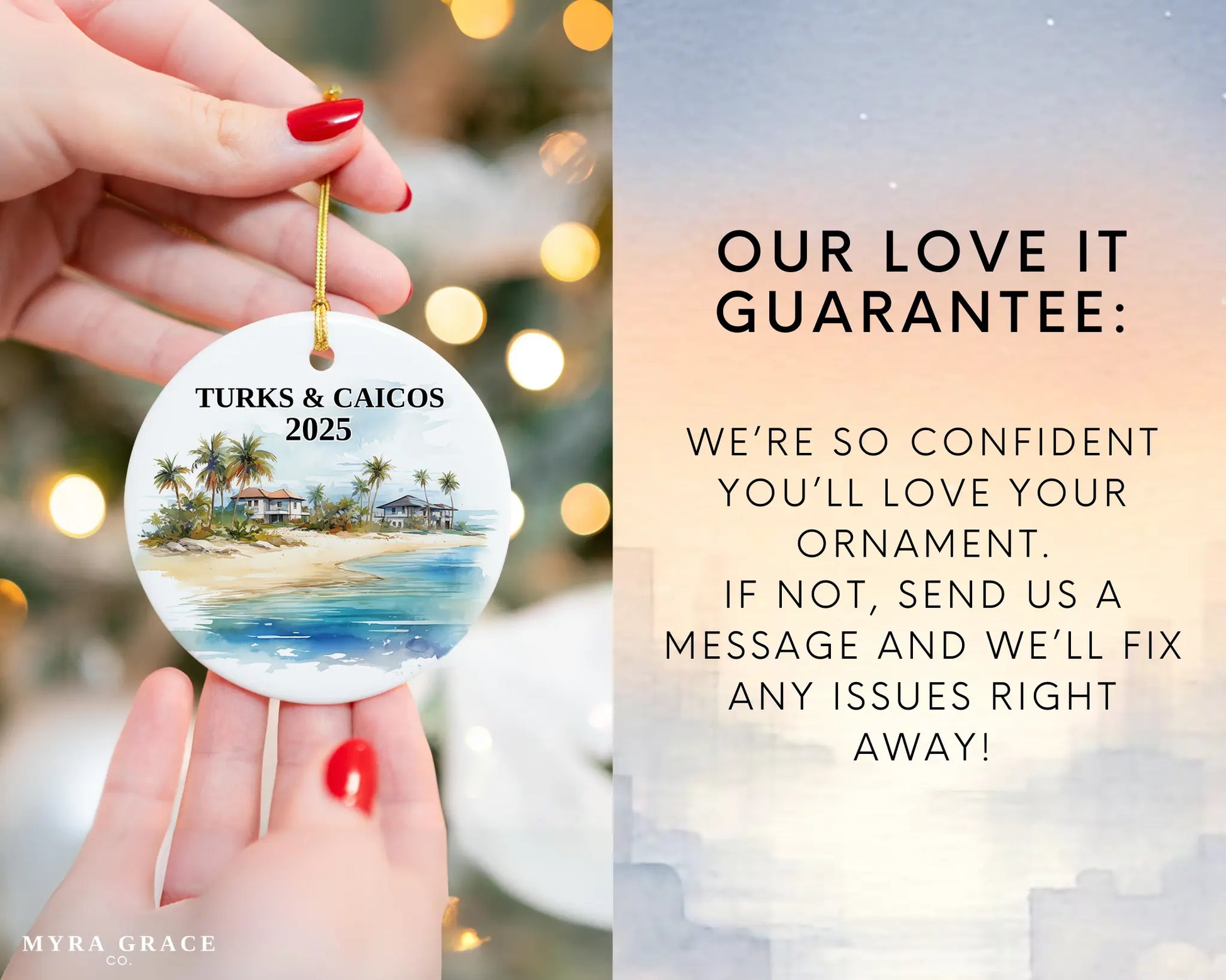 Custom Turks and Caicos ceramic photo ornament with personalized message – handmade Christmas bauble, gift souvenir, or vacation keepsake. Love it guarantee