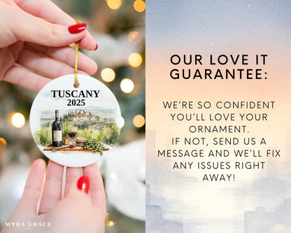 Custom Tuscany Italy Vineyard ceramic photo ornament with personalized message – handmade Christmas bauble, gift souvenir, or vacation keepsake. Love it guarantee