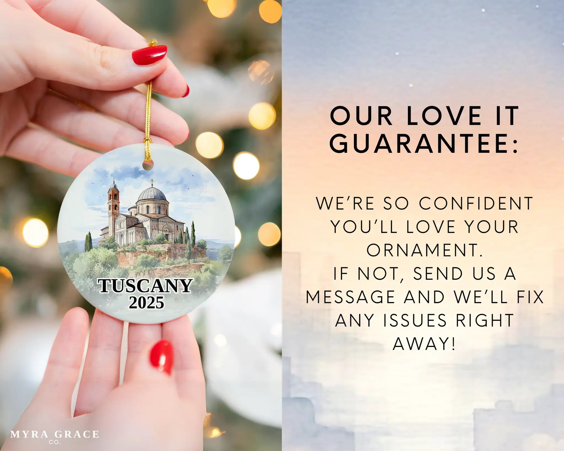 Custom Tuscany Italy ceramic photo ornament with personalized message – handmade Christmas bauble, gift souvenir, or vacation keepsake. Love it guarantee